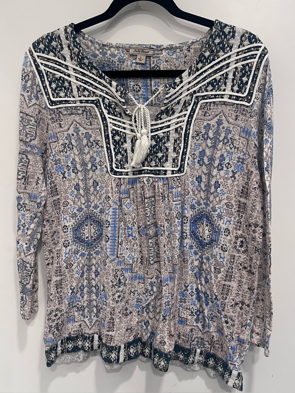 Lucky Brand Women's Blue Patterned Peasant Top Large Long Sleeve Boho Tassel